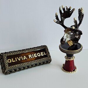 NEW Olivia Riegel Deer with Crystals Bottle Stopper & Red Holder Stand